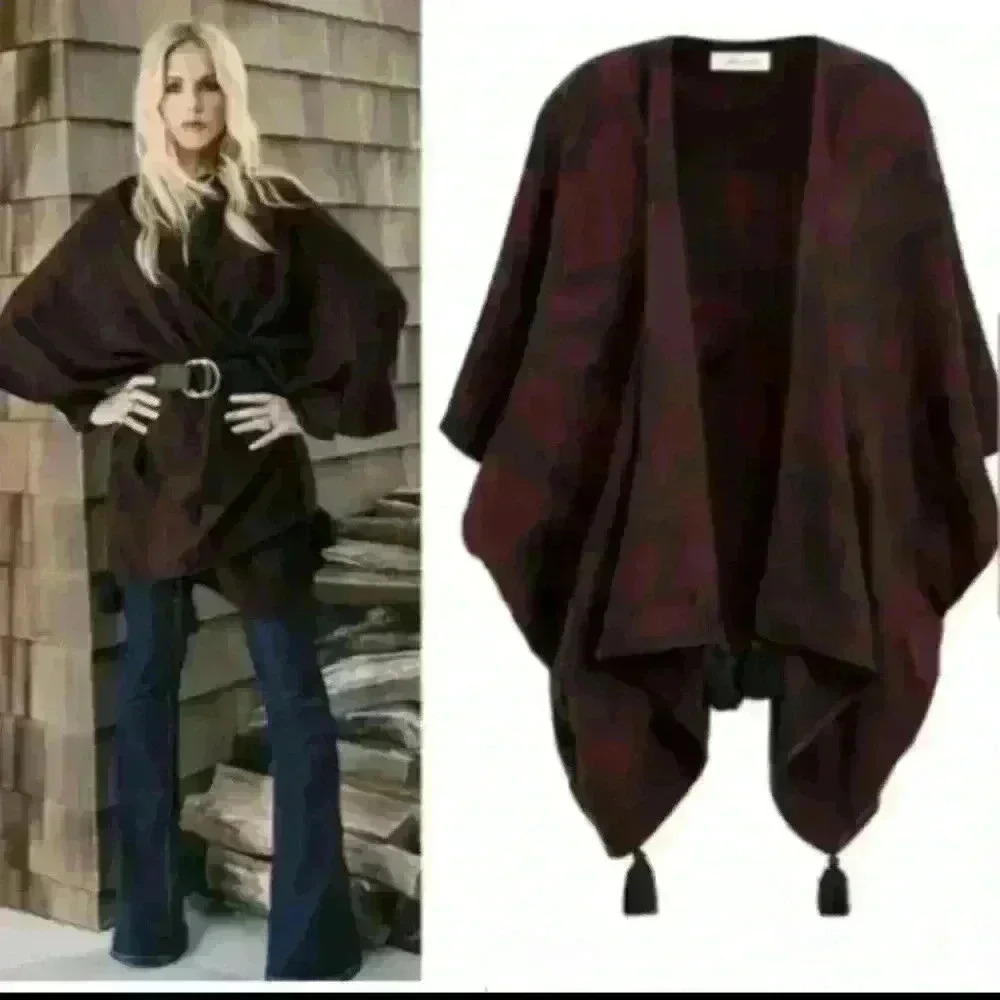 Cleobella Womens Burgundy Sevigny Tasseled Boho Trendy Floral Printed Poncho OS